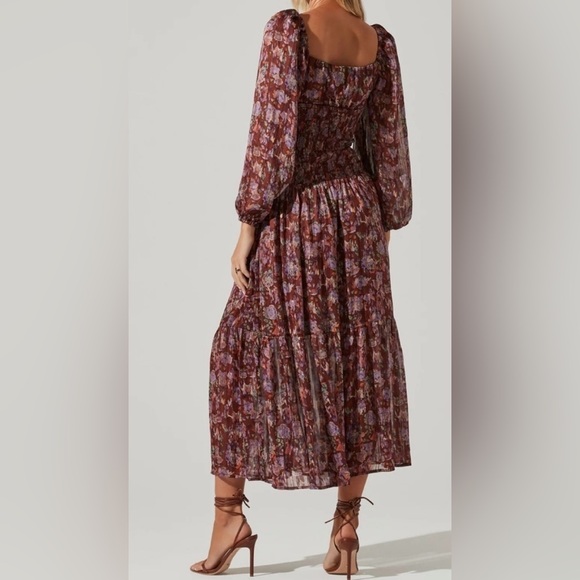 ASTR the Label Arlette Burgundy Floral Smocked Boho Midi Dress, size L - Picture 4 of 11
